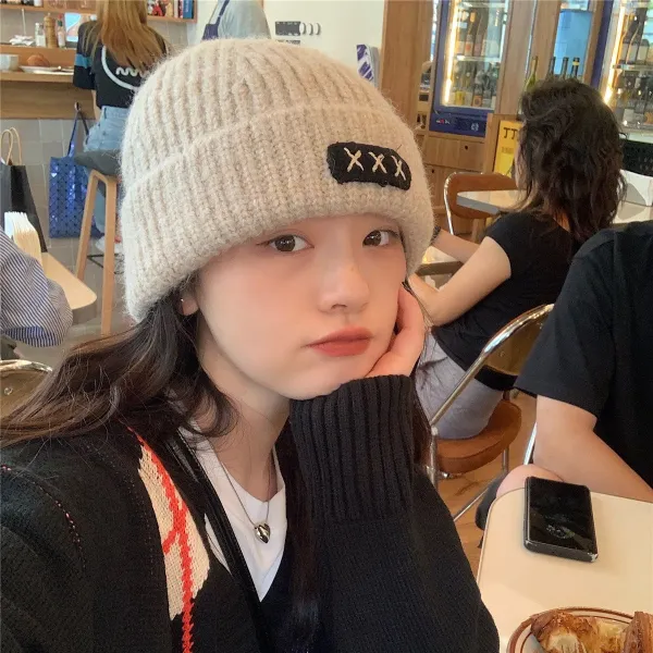 모자 향방 적당하다 둥근 얼굴 잘 어울리다 앙고라 니트 자녀 가을 겨울 보온 털실 모자 귀마개 한국판