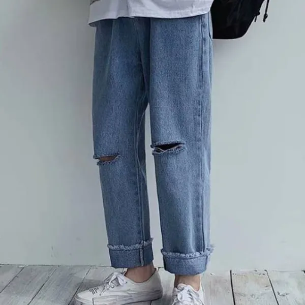 가바바 남성 청바지 스트레이트 찢청 개강룩 여름 데님바지 G37772, 중청