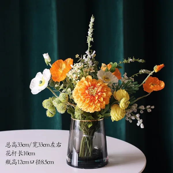 Mar.22 13번 북유럽 로사 로즈 부케 세트 모던 페이크 플라워 장식 플로럴 판잣집 거실 테이블z 가 벼 운 회색 + 백일홍 꽃병 포함 