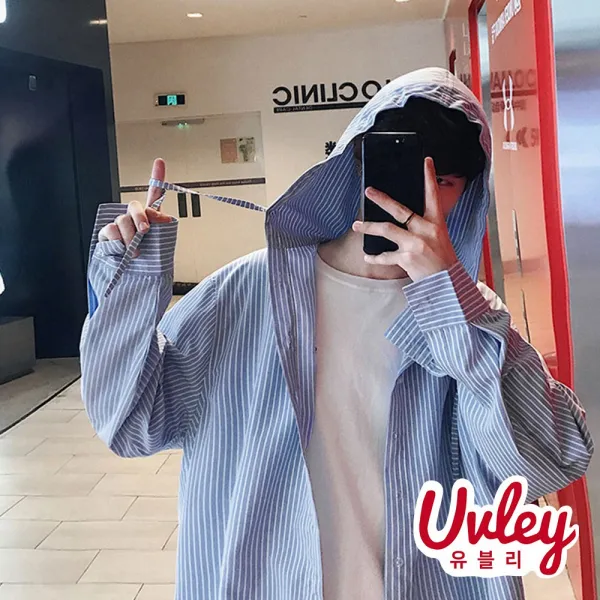 유블리 남성 스트라이프 후드 셔츠 남방 박시핏 오버핏 루즈핏 유니크한 남친룩 데일리룩 캠퍼스룩(UV216195WD)