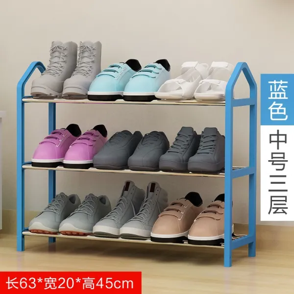 신발장 .심플 다층 스몰사이즈 대학생 침실 기숙사 가정용 수납장 조립 경제형 절약(, T10-블루 중간사이즈 3층 각층 4개 스틸관 격단