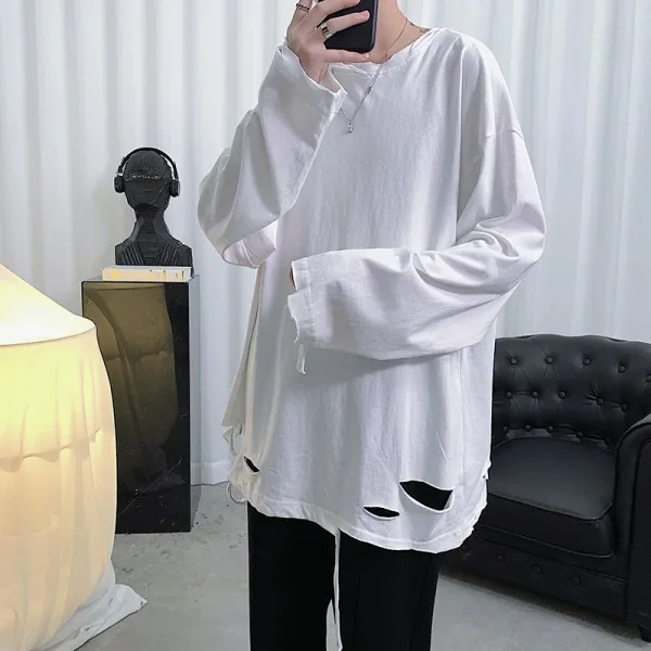 정 길 하절기 커플룩 학생당 봄 신어 밑자락 칼 베기 거지 바탕에 색칠하기 티셔츠, 화이트