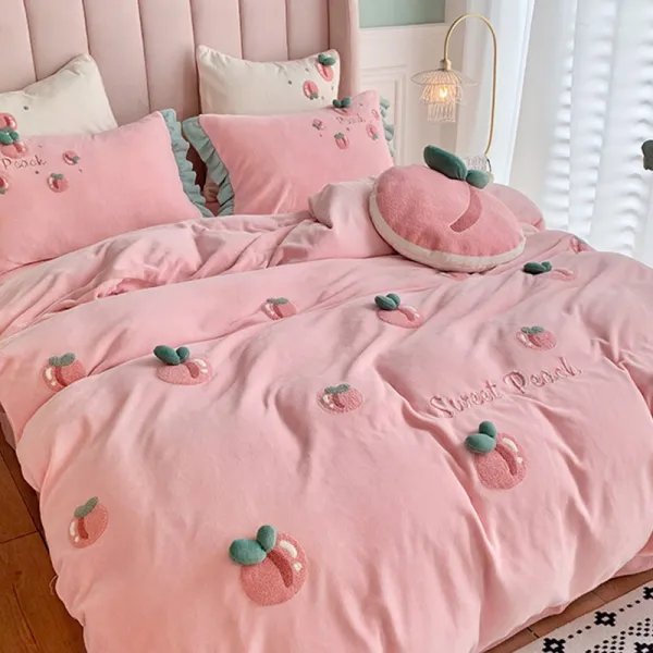 쏭쏭살롱 남극인 HOME 고극중 밀크 융털 입체 수놓다 4종 침대시트 이불커버 침대싱글 품, 복숭아같이 생긴 것 막내다 핑크