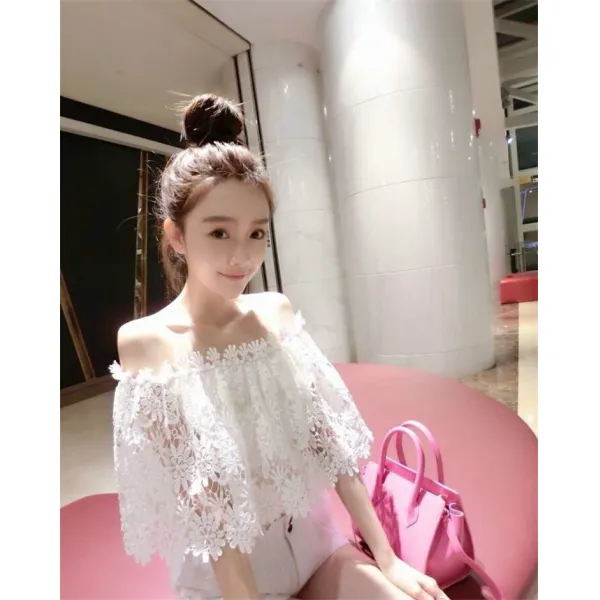0 하복 여장 오버사이즈 눈꽃 일자 어깨 반팔 상의 여 하외 걸치기 탈루
