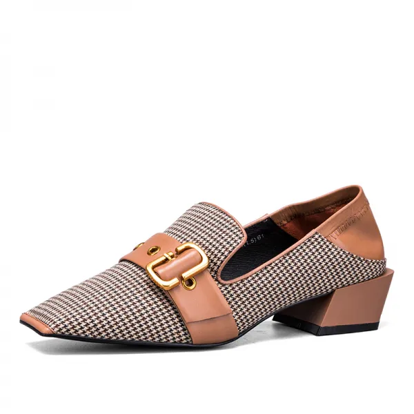 오콘 봄가을 계절 클래식 경전격 스퀘어 토 펌프스 금속단추 버클 소프트 뒤축 이중사용