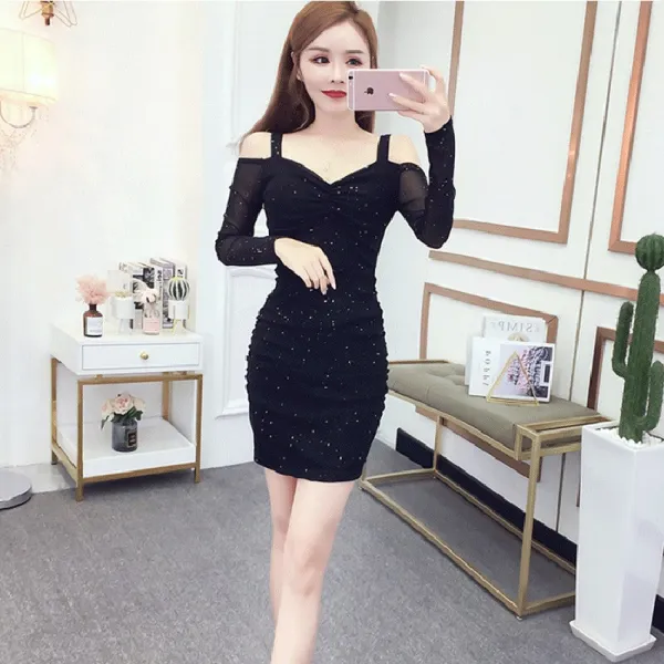 굿씽찰리 유행 여성의류 라이브 간여성의류 섹시 브이넥 망사 스키니 힙랩 끈나시 슬립 오프숄더 원피스 신선