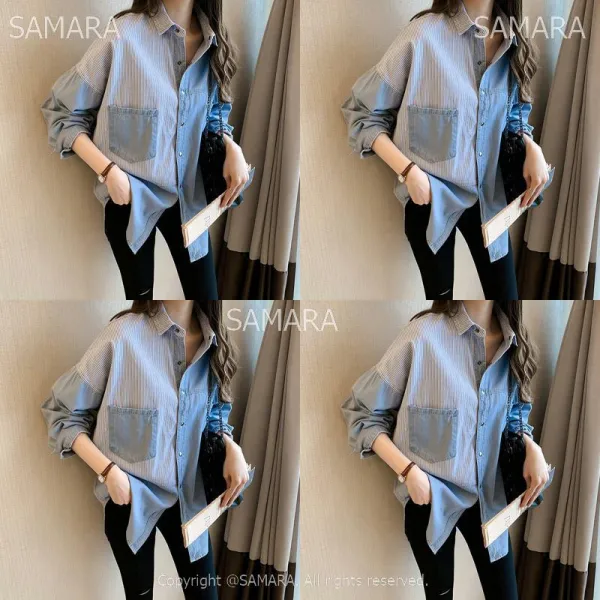 Qterra 특허브랜드 셔츠 여성 티셔츠 긴팔 얇은 데님 상의 루즈핏