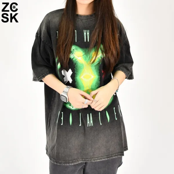 워싱반팔티셔츠 앉아서 까먹다 홀치기염색 t셔츠 여성 와이드 루즈핏 스트릿 OVERSIZE 구제 보이핏 4602538252