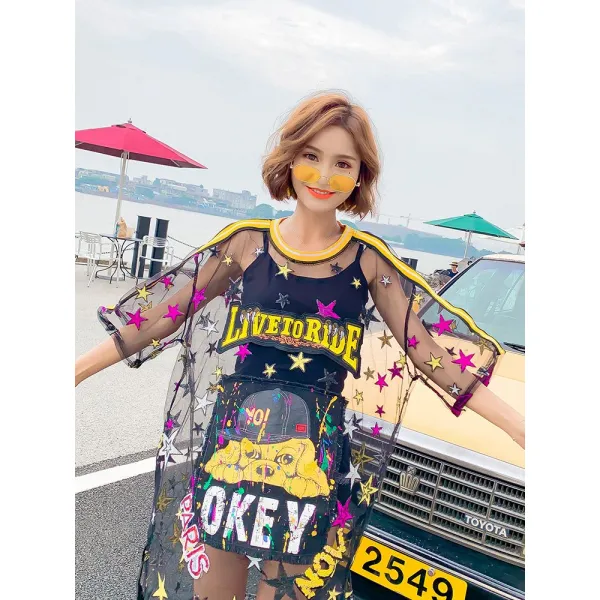 샵솔베이지 힙합 패션스트릿 여름 애니메이션 캐릭터 매쉬 티셔츠 원피스 반팔