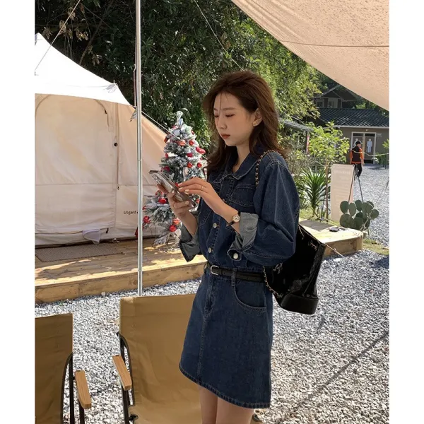 위원 레트로 데님 원피스녀 2022 봄 한국판 허리 잘록한 키 긴팔 스커