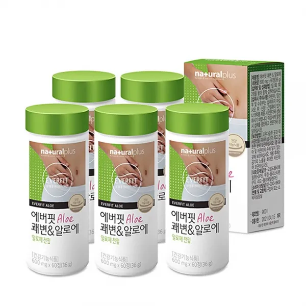 내츄럴플러스 에버핏 쾌변 알로에정 알로에 전잎 무수바바로인 식이섬유 숙변 장청소 장건강 배변활동, 60정, 5통