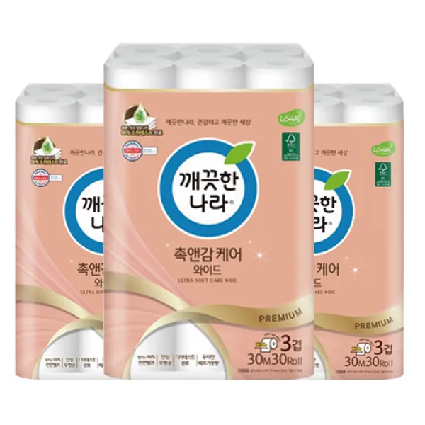 깨끗한나라 3겹 촉앤감 디럭스가든 화장지 30m, 3팩, 30롤
