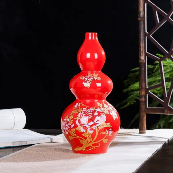 공예품 징더전 세라믹 꽃병 소품 거실 꽃꽃이 레드 인테리어 공예 흔들시계 T03 레드 모란꽃 삼절 조롱박