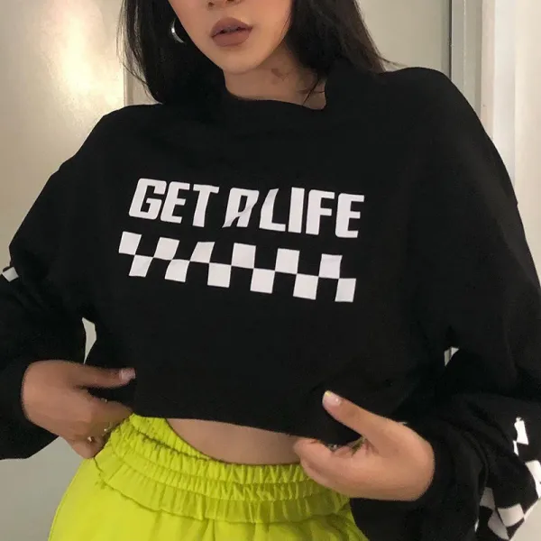 노멜마켓 프린팅맨투맨 면드 체크무늬 플라워 프린트 블랙 크롭 와이드 루즈핏 개성 여성 트렌드 숏 댄스, 블랙 C1M 건의 체중 90-110