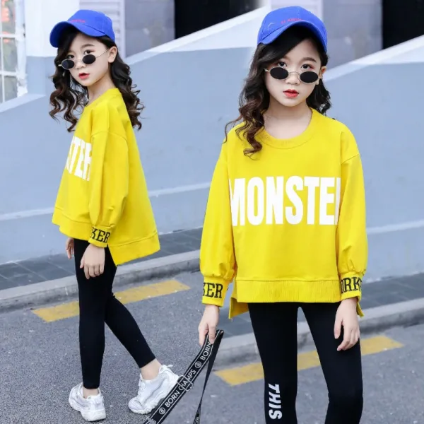 유블리 여아 힙한 댄스복 레터링 긴팔 포인트 티셔츠 밴딩 레깅스 바지 투피스 세트 Bf203009hr 몬스터