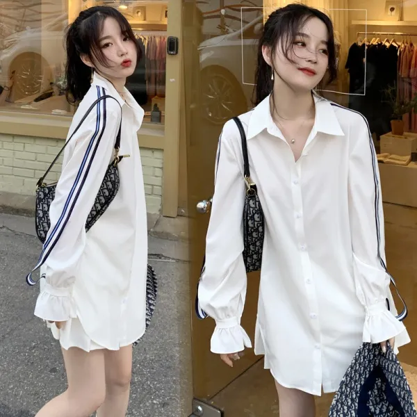 데일리룩 패션 데일리 카라 롱 셔츠 루즈핏 나팔소매 캐주얼