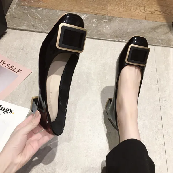 얕은 입 중앙 복고 여성화 가을 에나멜 가방머리 사각 심플 엔티크 굽 여단신