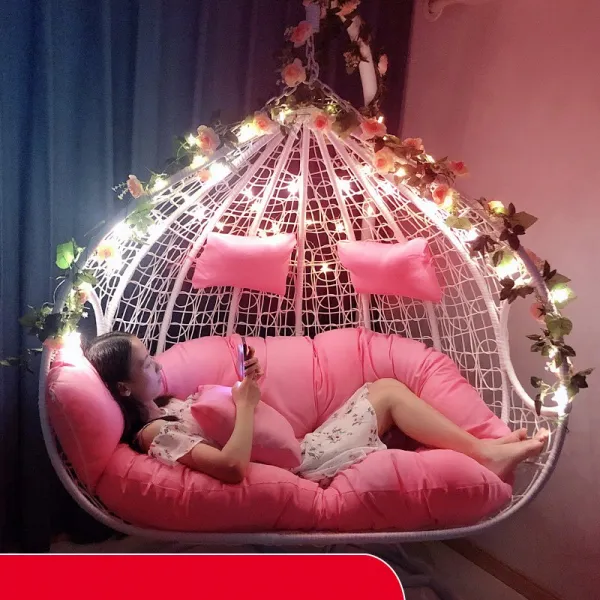 흔들의자 야외 그네 실외 그네의자 가정용 더블 곤돌라 등나무의자 마당 화원베란다 라탄 철공예, T01-더블 화이트색 럭셔리스타일 * 업그레이드 두께강