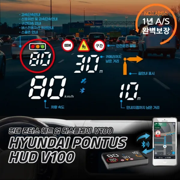 현대폰터스 신형 GPS-100 T-MAP 연동 HUD 헤드업 디스플레이 1년 무상 A/S 실시간 방향 표시 교통 정보 연동 + 사은품 증정