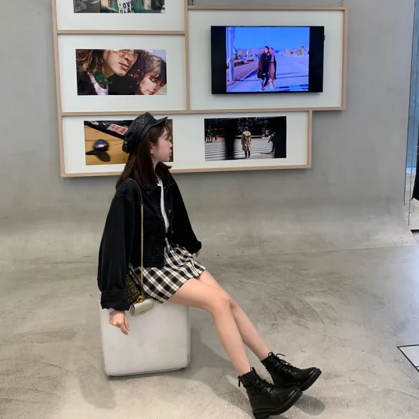 금송이 버섯 패션 소녀풍 데님 코트 쿨 숏 긴팔 학생 슬랙스 코디 상의
