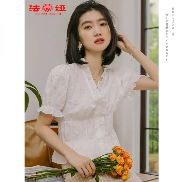 토템상사 여름셔츠원 0여름 결근 신 원단 페블럼라인 벌룬소매 허리보정 상의 여성 감각 보이핏 볼륨
