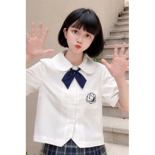 바른길상점 유니폼셔츠 플랫카라 JK 상의 멱살 화이트블라우스 곤궁한 모양 여제 무드 반팔 여성