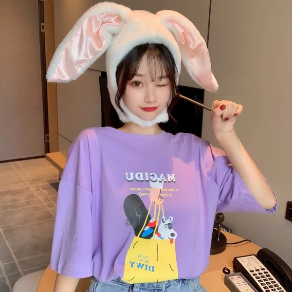빈티지 소녀다 감각 반팔티셔츠 여자 와이드 유행 하라쥬크 BF풍취 애니메이션 상의 티셔츠