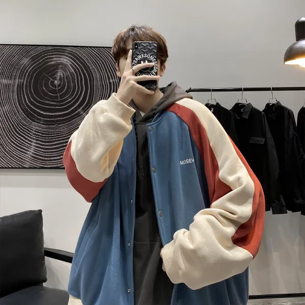 퀸즈클럽 남성트랙자켓 남자오버핏자켓 남자오버핏더자켓 재킷 누이동생 캐쥬얼 야구복 추가 융털 패치워크 두꺼운