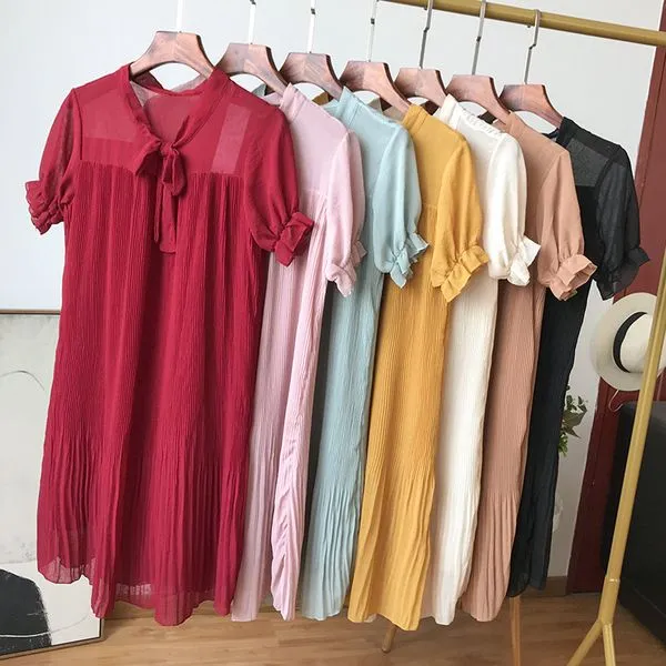 시스루 주름 플리츠 하객 돌잔치 피로연 상견례 옷차림 데일리 미디 원피스 (6color)