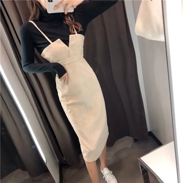 가심비 여성 코듀로이 슬림 서스펜더 니트 모직 미디 원피스 Ga008n110303