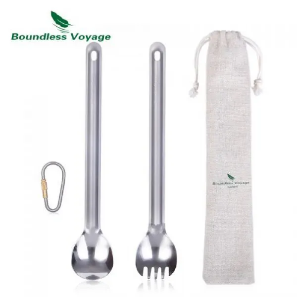 [해외] 무한 항해 야외 티타늄 롱 핸들 스푼 스포크 량 캠핑 세련된 식기 FLATWARE 세트, 상세내용표시