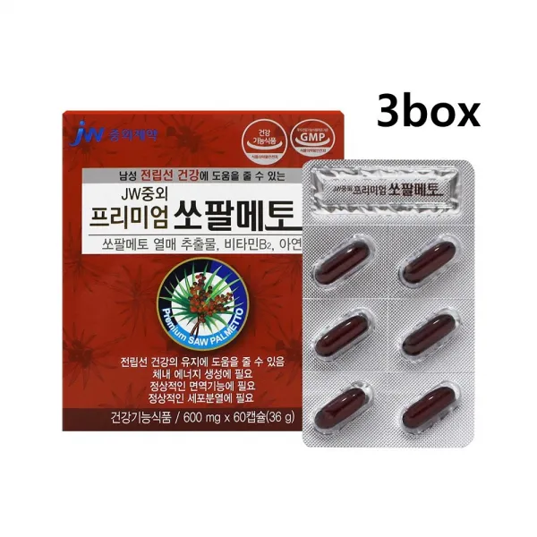 JW중외제약 프리미엄쏘팔메토60캡슐 전립선영양제 쏘팔메토 로르산 아연 마카 복분자 흑마늘 소변속도 잔뇨 빈뇨 남자 활력 에너지 남성 갱년기 건강식품 선물, 3개, 36g