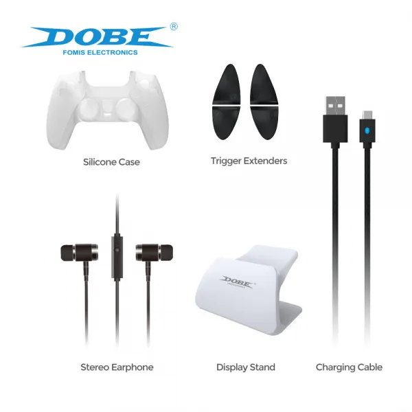 Xzante Dobe 8 in 1 보호 키트 팩 게임 패드 커버 케이스 트리거 버튼 디스플레이 스탠드 충전 케이블 Sony PS5 용 스테레오 이어폰, 흑백 혼합 색상