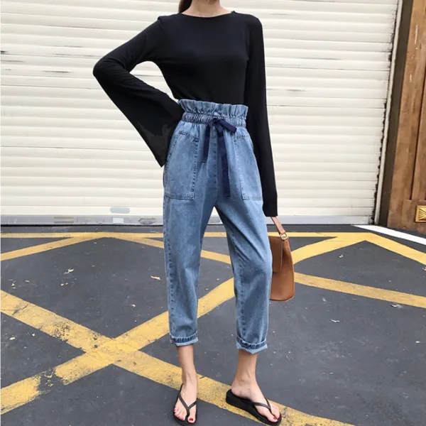 도오빠 여성 청바지 여자 여름 데님 팬츠 하이웨스트 밴딩 리본 루즈핏 하렘 스타일 봄여름