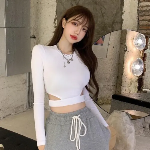 이미 은혜를 입다 가을 펀칭 인싸템 아나운서 보여 흉부위 빅 섹시 노출 허리 숏 솔리드 무지 긴 소매 구호물자