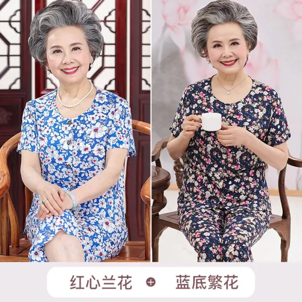 샤인업 여잠옷세트 2 엄마 여름 면 코튼 실크 반팔 긴바지 할머자 인조솜 노인 실내복 홈웨어