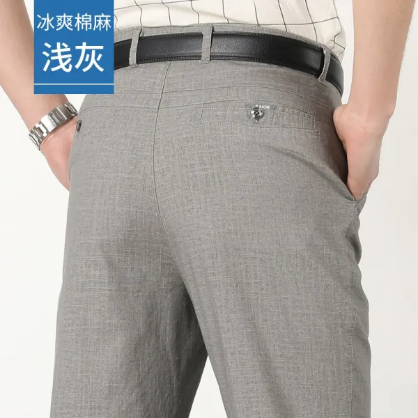 여름 살얼음 실크 리넨 남성 아빠 팬츠 남 면마 캐주얼 바지 중장년 슬랙스 얇아
