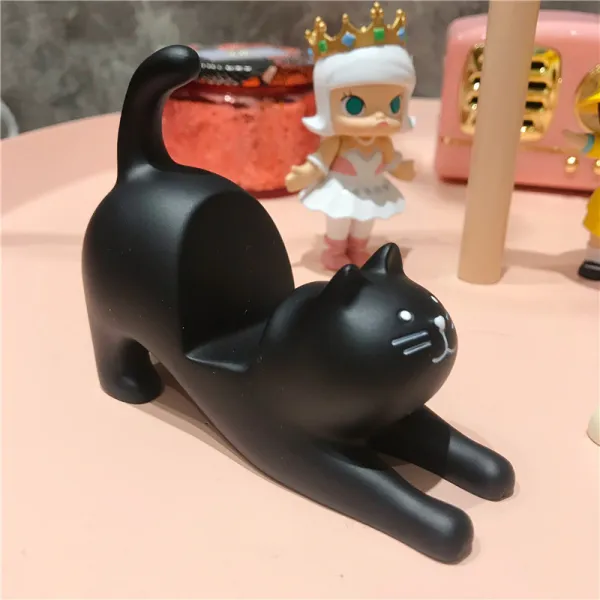 케이댄스 맹물 큐트 내밀다 기지개 휴대폰거치대 핸드폰받침대 세 마리의 블랙 원목 지방 진열 장식품 트윈, 검은 고양이