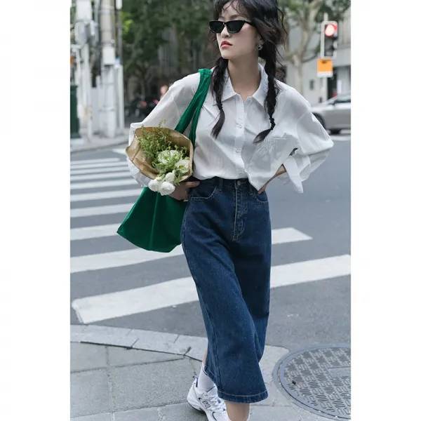 확정함 빈티지 긴팔 셔츠 여성 디자인 감각 보이핏 볼륨 상의 가을 가을옷 화이트 블루
