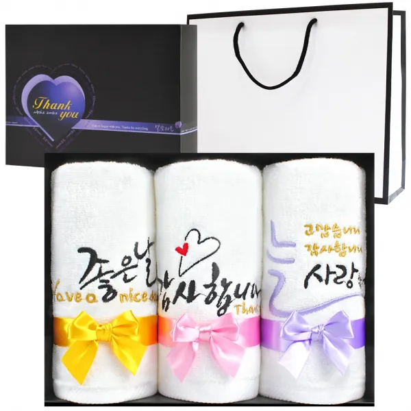 [말씀타올] 플라워 감사 답례품 자수 수건선물세트 3P, 고급케이스+리본, 쇼핑백추가