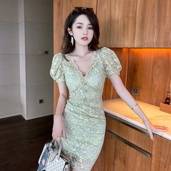 반팔레이스원 여름 그린 물에 녹다 레이스원피스 여성 고퀄리티 감각 작은 키 슬림핏 브이넥 벌룬소매 힙랩 4789007648