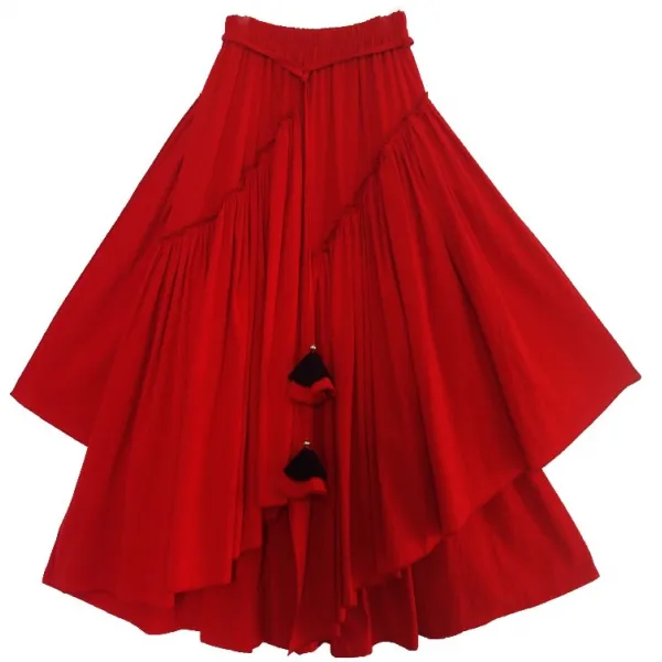 롱밴딩스커트 뉴타입 스커트 오버사이즈 롱스커트 치마꼬리 아플리케 밴딩 끈이있는 에스닉스타일 풀 복고 코튼린넨 봄가을 여성