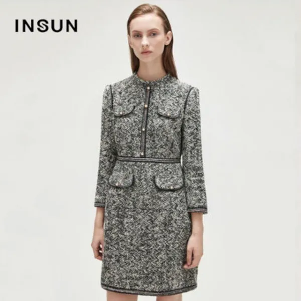 Insun Enang 통근 패션 우아한 작은 향 바람 트위드 슬림 얇은 진주 장식 드레스