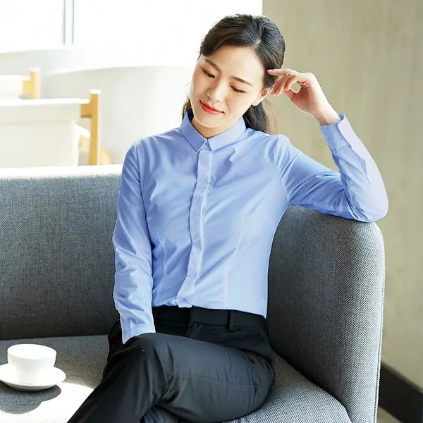 작업복 오피스 셔츠 여성긴소매 2019 스몰 칼라슬림한스타일 기질 위시엔웨어가공 화이트 정장 면, C02-블루