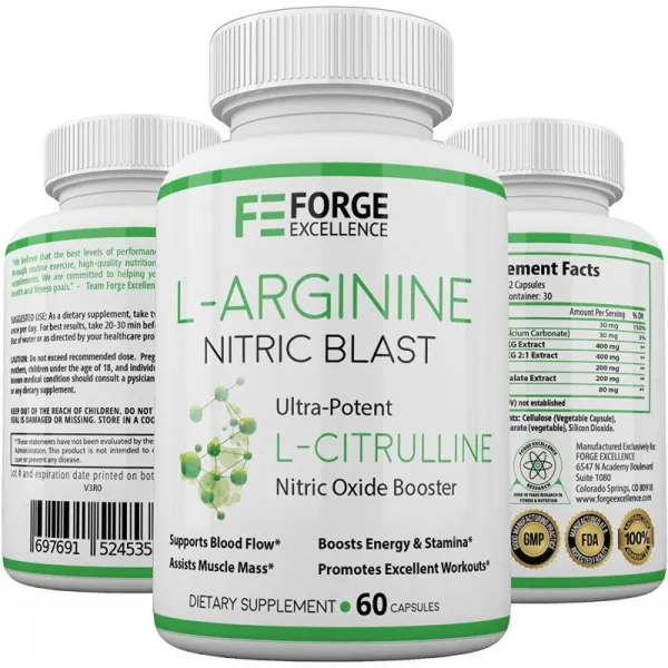 Forge Excellence L-Arginine Nitric Blast-Boost 질산염 에너지 및 내구성을위한 추가 강도 1340MG 포, 단일상품