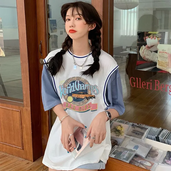 페이크 공유니폼 반팔티셔츠 여자 와이드 인싸템 유행 하라쥬크 BF풍취 상의 체구 INS트렌드