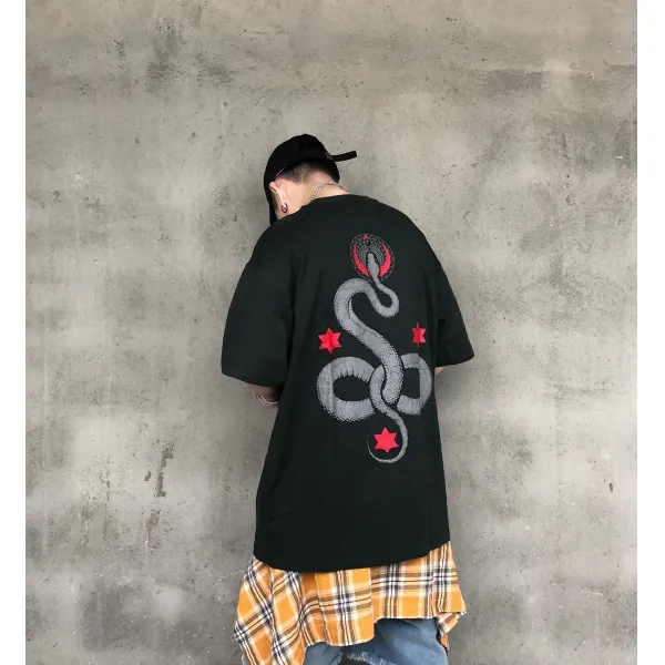 반팔티셔츠남자 길바닥이 캄캄하다 오래 되다 법진 방울뱀 모티브 플라워 프린팅 OVERSIZE 여성 이너 4739058673, 블랙 L