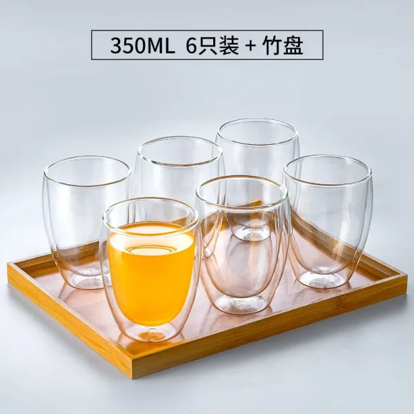 더 블 단열 유리잔 세트 투명 하고 뜨 거 운 것 을 방지 하 는 커피 잔 찻잔 가 계 는 거실 심 플 한 물 컵 350 ml [6 개 + 대나무 차반], 상세페이지 참조