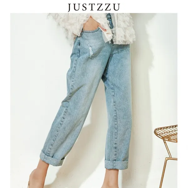 JUSTZZU 여성 데님 청바지 캐주얼 소재 여름 높은 허리 엉덩이 느슨한 거리 스타일 고민