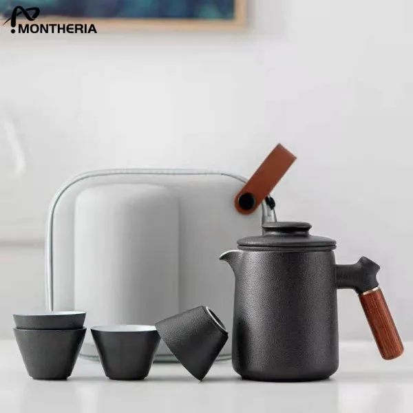 MONTHERIA 몬테리아 다기세트 여행하다 야영하다 야유회 다기세트 선물 자가용 여행 휴대용다기세트 명절 선물, 블랙 세트